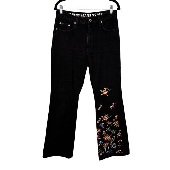 EXPRESS Vintage Jeans Womens 5/6 Y2K Floral Embroidered Mid Rise Flare Black USA - Picture 1 of 8